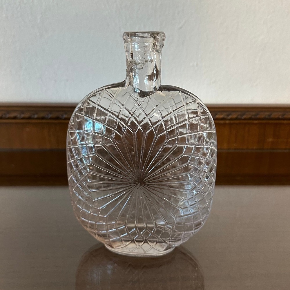 Antique Pumpkin Seed Flask Glass Bottle Embossed Starburst Spiderweb Sun Flower